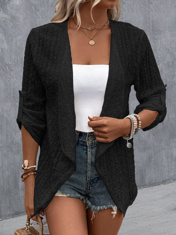 Plain Embroidery Hollow Out Casual Loose 3/4 Sleeve Jacket