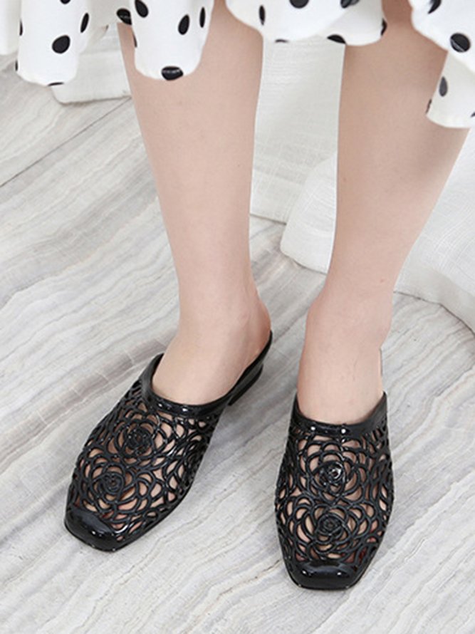Waterproof PVC Hollow Flower Chunky Heel Mules