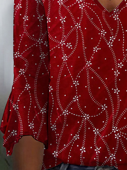 Geometric Print Velvet Casual Loose V neck Flared Cuffs Shirt