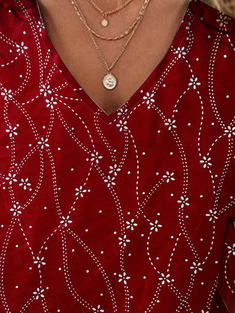 Geometric Print Velvet Casual Loose V neck Flared Cuffs Shirt