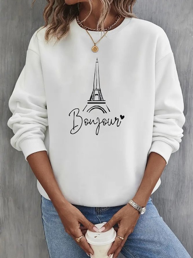 Text Letters Eiffel Tower Printed Crew Neck Basic Long Sleeve Casual Sweatshirt