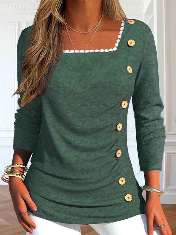 Casual Loose Square Neck Long Sleeve Shirt With Buttoned Design