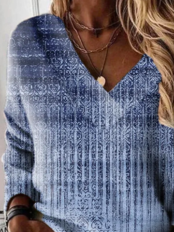 Plus size Loose Casual V Neck Ethnic Sweatshirt