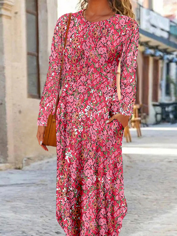 Casual Disty Floral Long Sleeve Crew Neck Dress