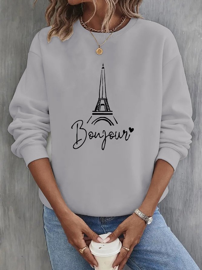 Text Letters Eiffel Tower Printed Crew Neck Basic Long Sleeve Casual Sweatshirt