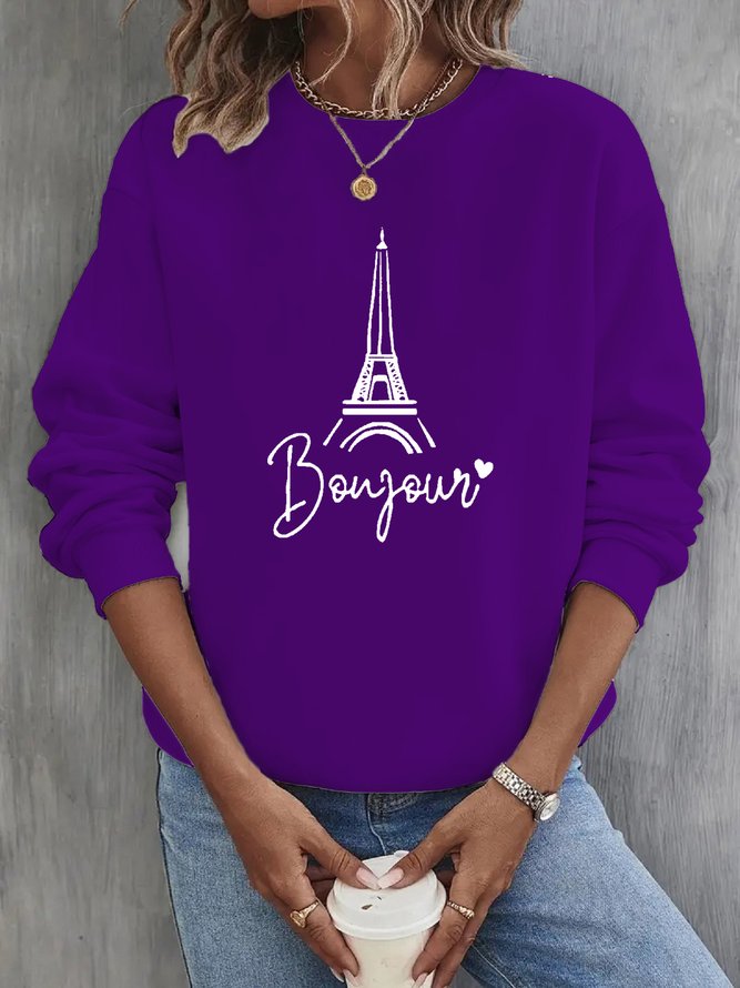Text Letters Eiffel Tower Printed Crew Neck Basic Long Sleeve Casual Sweatshirt