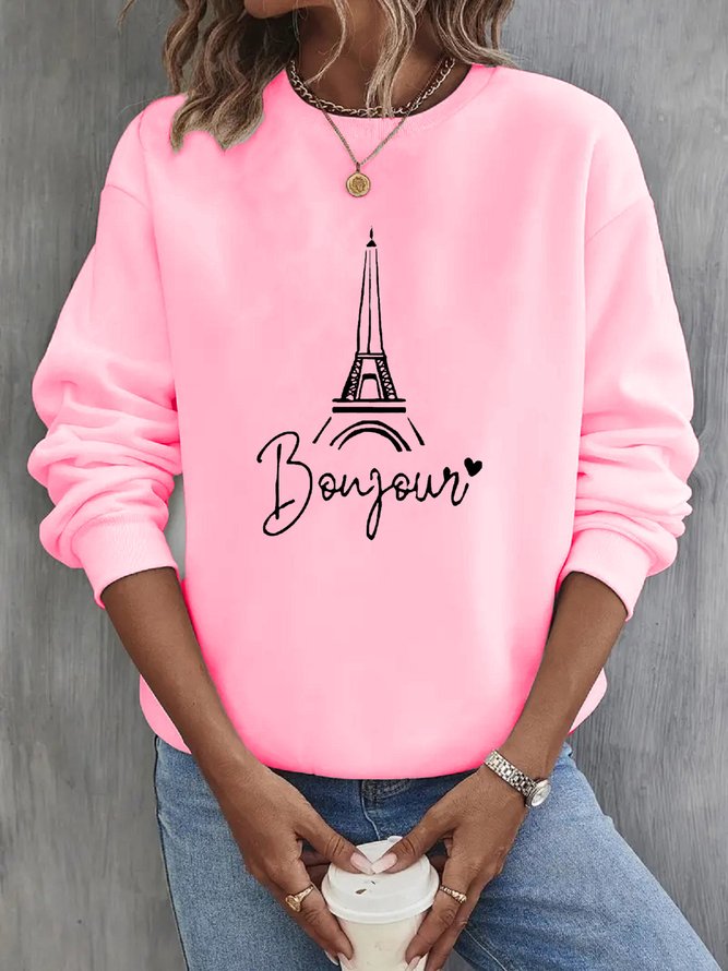 Text Letters Eiffel Tower Printed Crew Neck Basic Long Sleeve Casual Sweatshirt