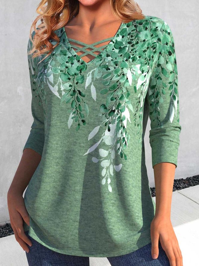 Leaves V Neck Casual Long Sleeve Loose T-Shirt