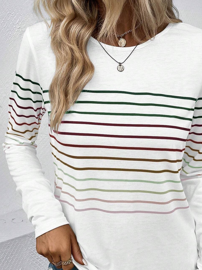 Striped Basic Casual Jersey Crew Neck H-Line Loose Long Sleeve T-Shirt