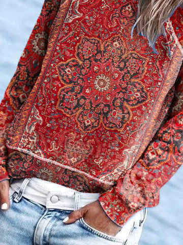 Mystery Mandala Printed Raglan Sleeve Loose Casual Vintage Ethnic Knitted Crew Neck Sweatshirt