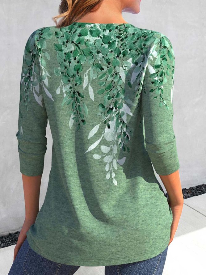 Leaves V Neck Casual Long Sleeve Loose T-Shirt