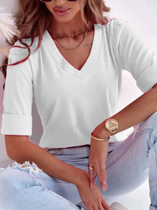 Plus Size Casual V Neck Plain T-Shirt