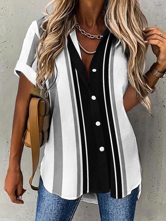 Shirt Collar Casual Loose Striped Blouse