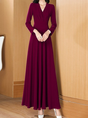 Plain Long Sleeve V Neck Casual Dress