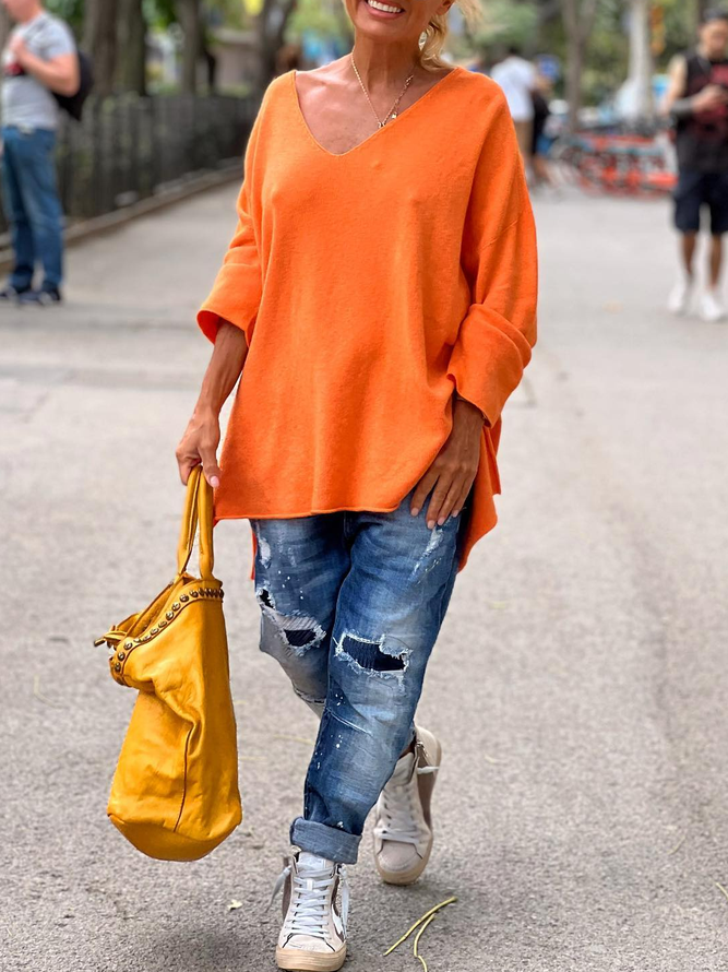 Fashion Street Style Daily Casual Regular Fit V Neck Plain Knitted Long Sleeve Sweater
