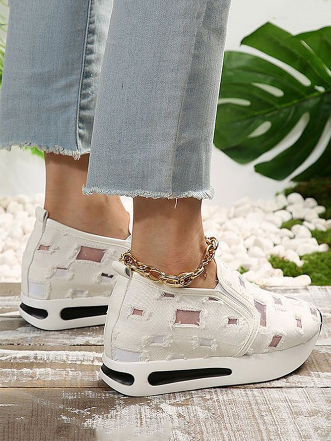 Mesh Ripped Denim Raw Hem Slip On Muffin Sneakers