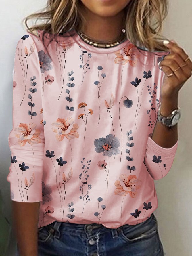 Plus Size Casual Floral Loose Knitted T-Shirt