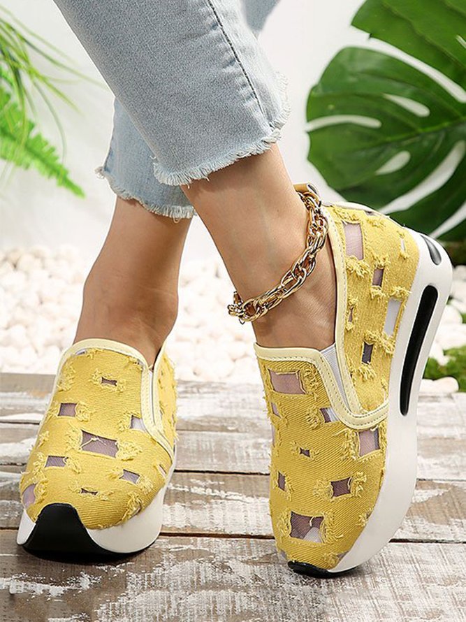 Mesh Ripped Denim Raw Hem Slip On Muffin Sneakers