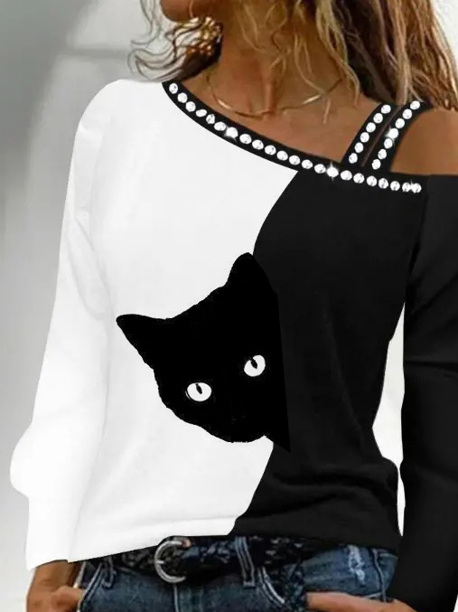 Loose One Shoulder Halloween Cat Casual Long Sleeve Shirt