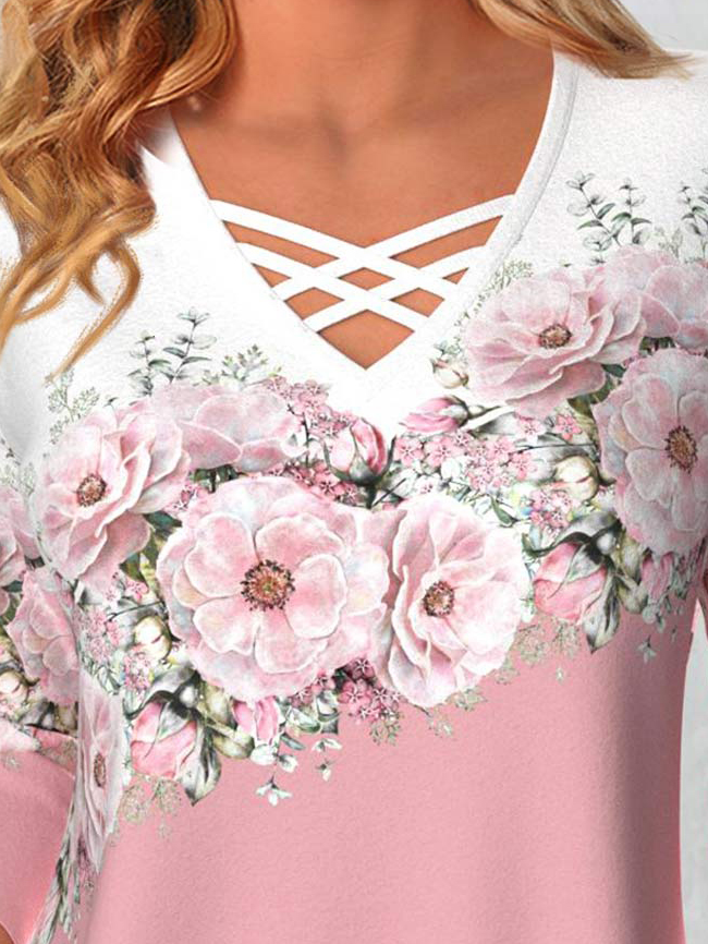 Contrasting Floral Loose V neck Knit Jersey Long Sleeve T-Shirt