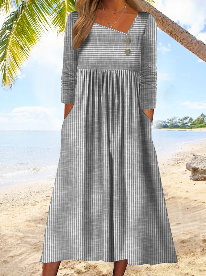 Striped Jersey Casual Asymmetrical Loose A-Line Long Sleeve T-Shirt Dress