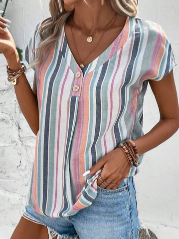 Striped Buckle V Neck Short Sleeve Casual Shirt