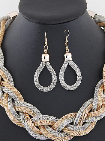 Handwoven Twist Metal Thick Chain Vintage Necklace Earrings Set