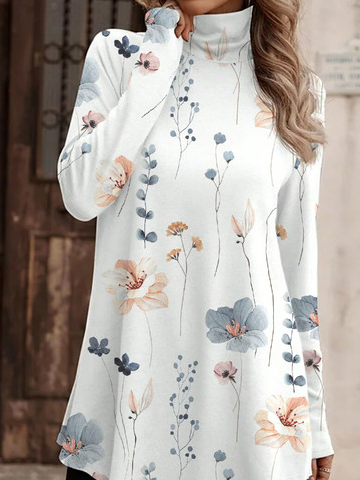Casual Floral Printed Half Turtleneck T-Shirt