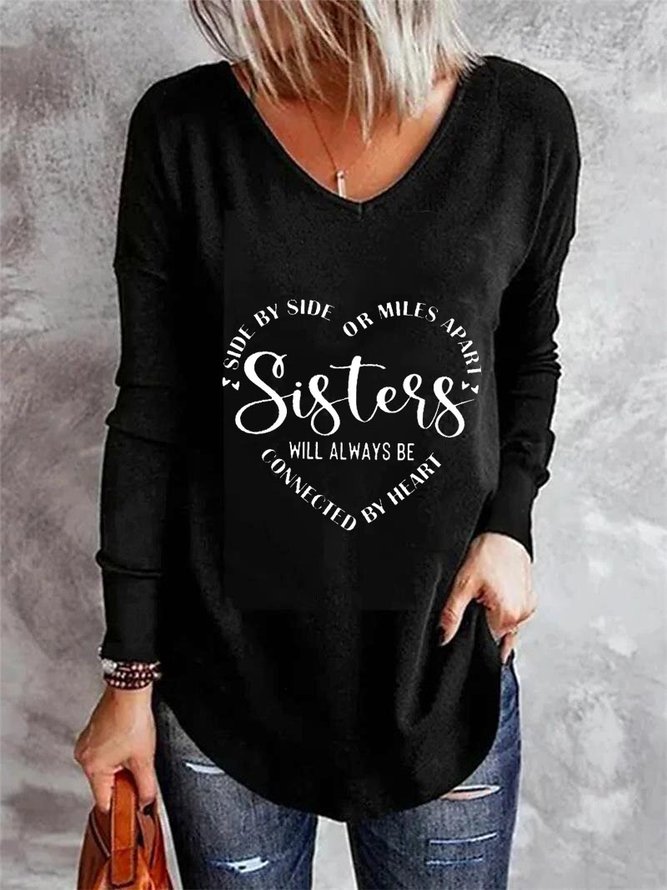 Women's Sister Text Alphabet Regular Fit Casual V-Neck T-Shirt