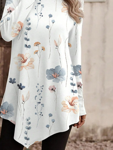 Casual Floral Printed Half Turtleneck T-Shirt