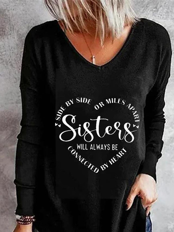 Women's Sister Text Alphabet Regular Fit Casual V-Neck T-Shirt