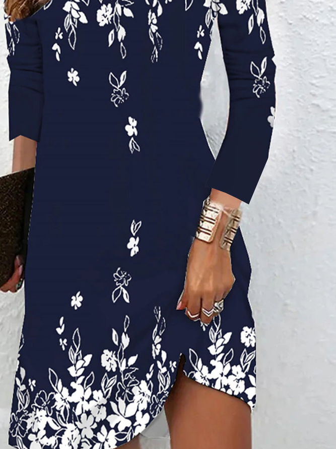 Floral Crew Neck Casual Jersey Long Sleeve H-Line Midi Dress