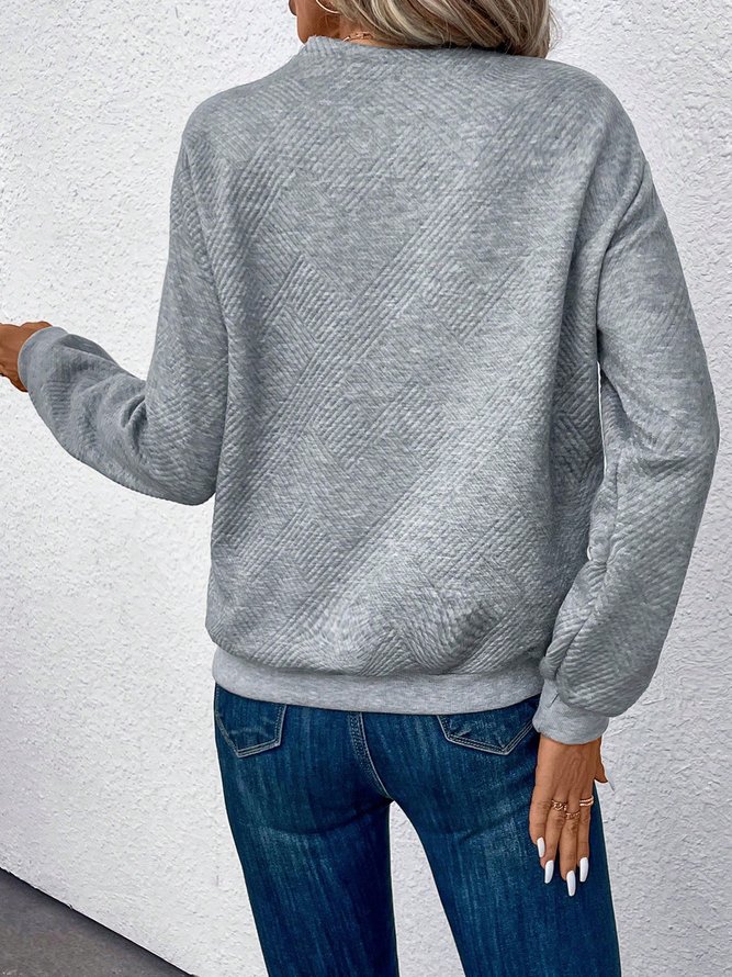 Plain Loose Knitted Buttoned Asymmetrical Neck Casual Winter Long Sleeve Sweatshirt