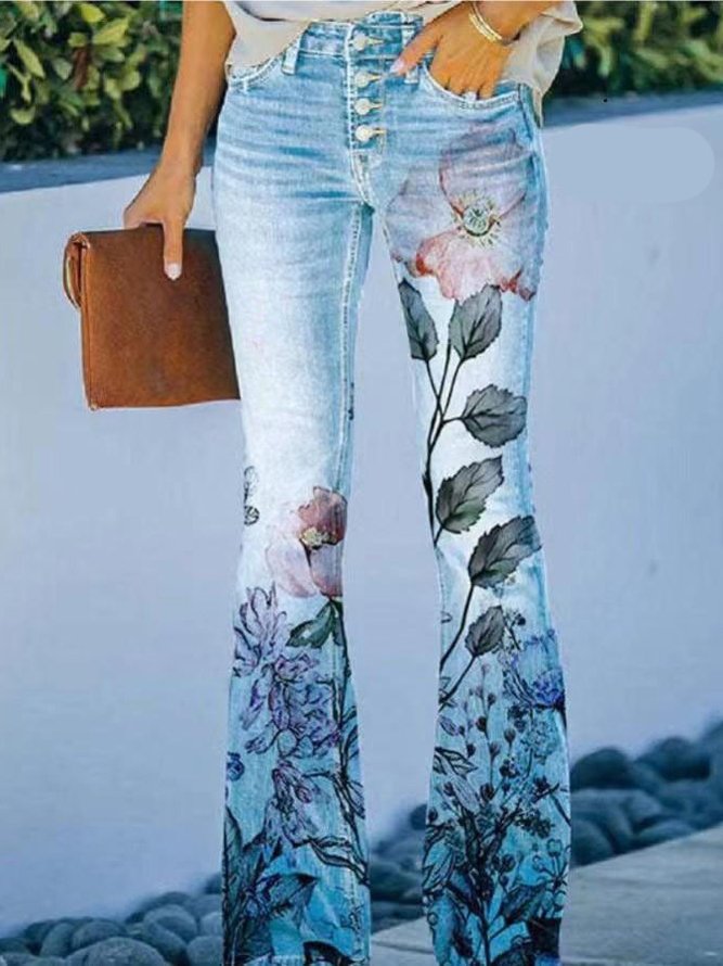 Casual Floral Regular Fit Jeans