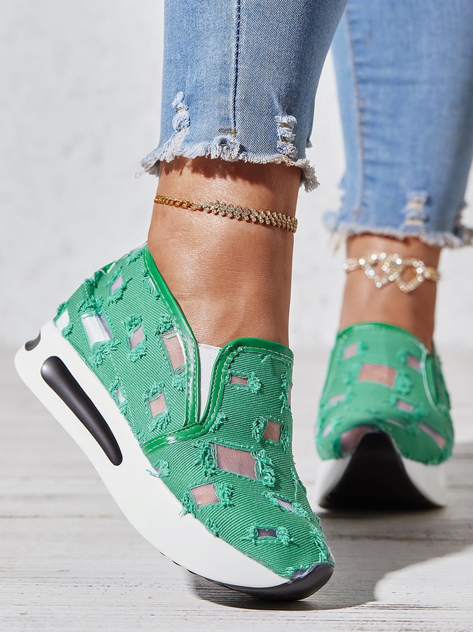 Mesh Ripped Denim Raw Hem Slip On Muffin Sneakers