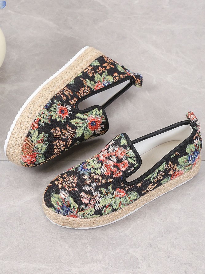 Floral Embroidery Platform Slip On Espadrille Shoes