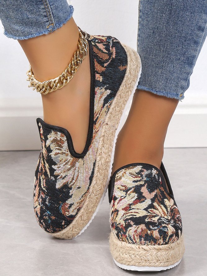 Floral Embroidery Platform Slip On Espadrille Shoes