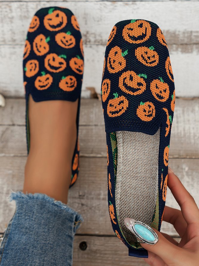 Halloween Pumpkin Head Casual Square Toe Mesh Fabric Shoes