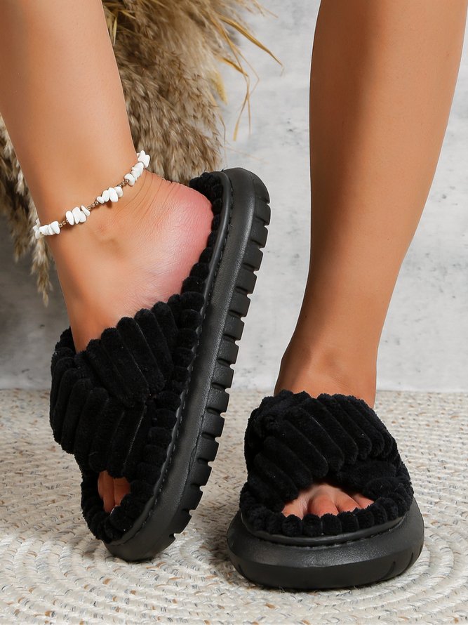 Casual Cross Strap Comfy Fluffy Slippers