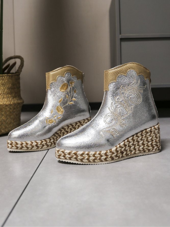 Floral Embroidery Color Block Fashion Wedge Heel Boots