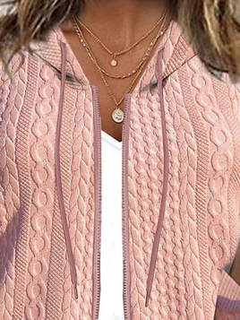 Loose Plain Knit Hooded Jacket in Textured Fabric With Zip