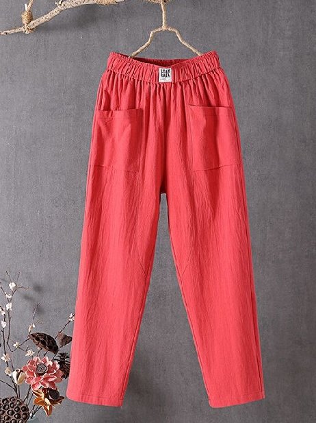 Cotton Casual Plain Ankle Loose Ankle Straight Pants With Pockets