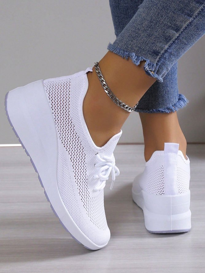 Casual Lace-up Decor Breathable Flyknit Wedge Heel Slip On Sneakers