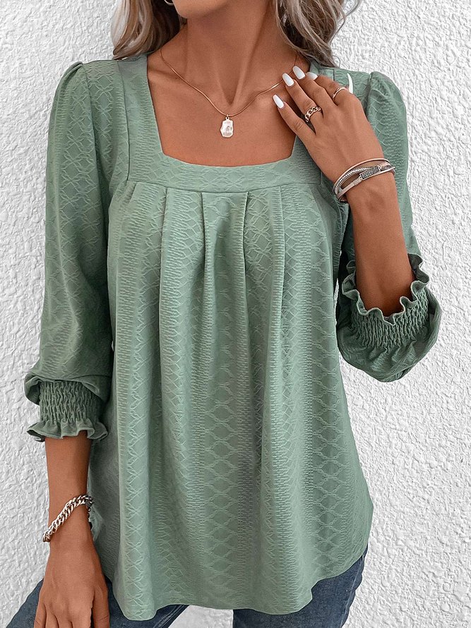 Jacquard Plain Square Neck Loose Casual Long Sleeve T-Shirt