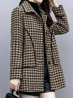 Houndstooth Long Sleeve Buckle Shawl Collar Casual Coat