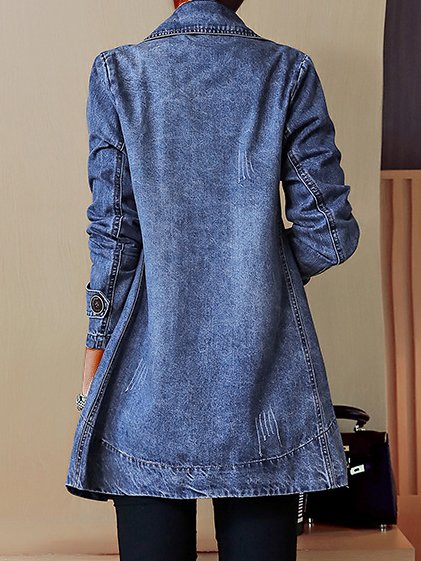 Lapel Collar Plain Buttoned Casual H-Line Long Sleeve Denim Jacket With Pockets