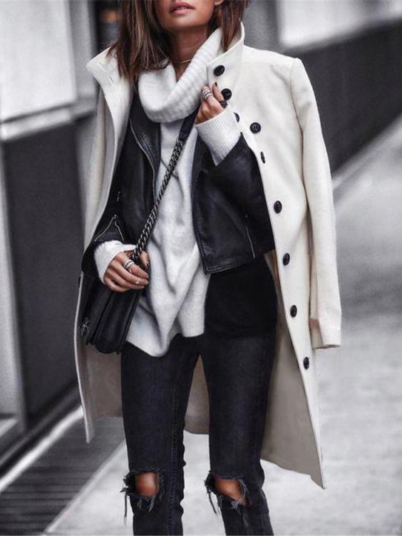 Stand Collar Plain Loose Casual Coat