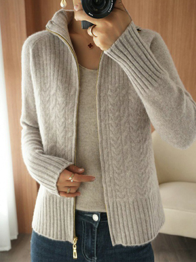 Casual Plain Zipper Long Sleeve Cardigan