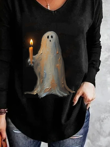 Plus Size Casual Halloween Little Ghost Loose V Neck Long Sleeve T-Shirt