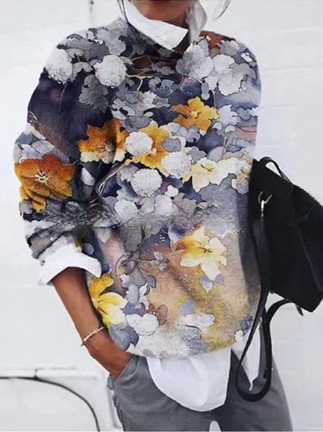 Casual Floral Crew Neck Sweatshirt